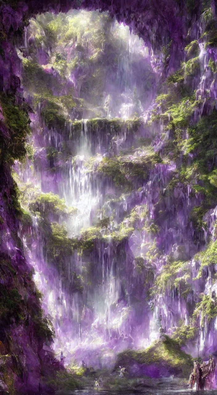 Prompt: a mystical fairy city in the amethysts wall of a dreamy waterfall cave with and lilac sunrays, trending on artstation, concept art, matte painting, by giger, by degas, by goya, by munch 8 k