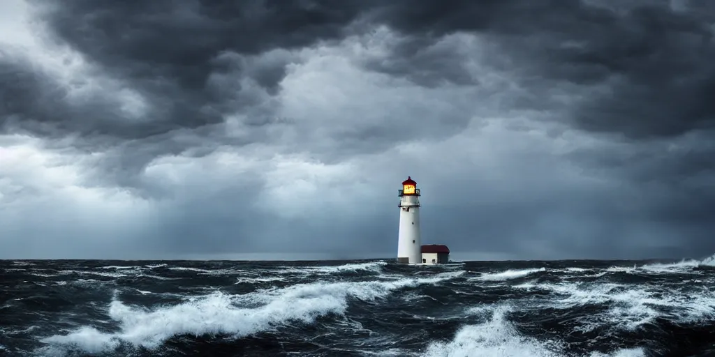 Prompt: the lighthouse at the end of the world, night, epic clouds, atmospheric, big waves crashing