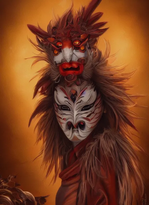 Image similar to a beautiful detailed oil on copper art illustration of a japanese tengu kitsune mask devil woman, the mask is broken, centered, by charlie bowater, zeng fanzh, trending on artstation, dim dusk lighting, cinematic lighting, detailed lighting, volumetric lighting, realistic, f 8, 4 k hd wallpaper