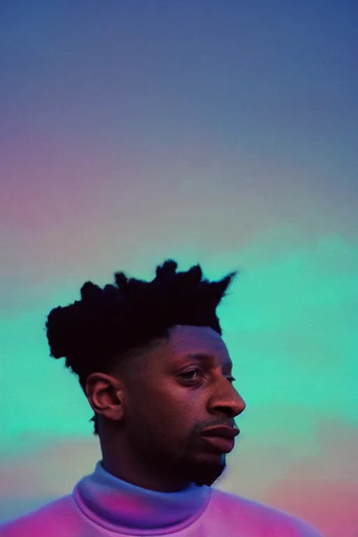 Image similar to high quality pastel coloured film close up wide angle photograph of 2 1 savage wearing clothing resting on cloud furniture in a icelandic black rock!! environment in a partially haze filled dreamstate world. three point light, rainbow. photographic production. art directed. pastel colours. volumetric clouds. pastel gradient overlay. waves glitch artefacts. extreme facial clarity. 8 k. filmic.