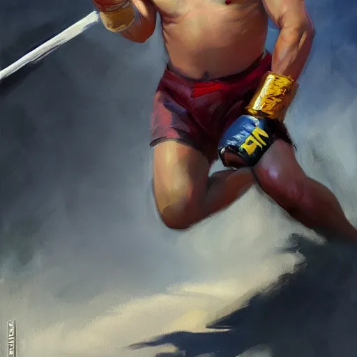 Image similar to greg manchess portrait of a filipino mma fighter charging with a sword, organic painting, sunny day, matte painting, bold shapes, hard edges, street art, trending on artstation, by huang guangjian, gil elvgren, ruan jia, randy vargas, greg rutkowski