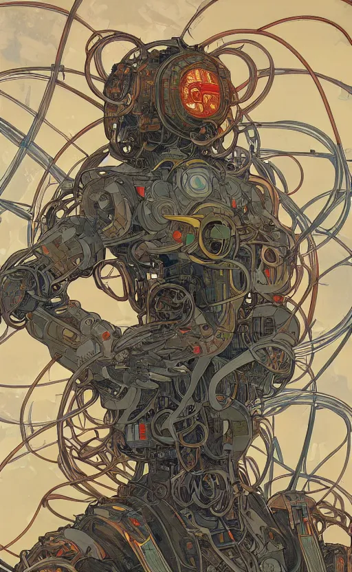 Image similar to upper half portrait of army mecha robot - wires and vines as design borders, art by alphonse mucha, highly detailed, digital painting, concept art, illustration, smooth sharp focus, intricate, symmetry, artstation, colourful,