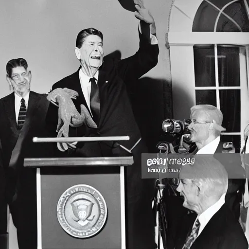 Image similar to claymation press conference ronald reagan unveiling first dinosaur born in united states outside the white house