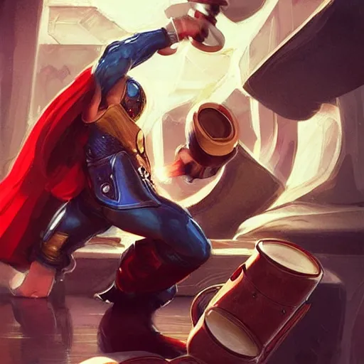 Image similar to thor playing the bongos, comic style by guweiz and stanley artgerm, extremely high quality artwork, very detailed, trending on artstation