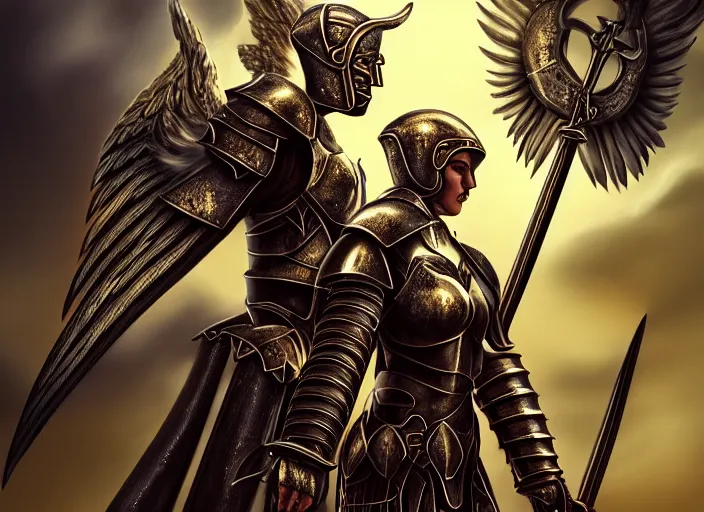 Prompt: a digital painting of an angel in armor in armor in armor holding two swords, a digital rendering by jan tengnagel, fantasy art, deviantart uhd, deviantart, apocalypse art, ray tracing, highly detailed, high quality, 8 k resolution