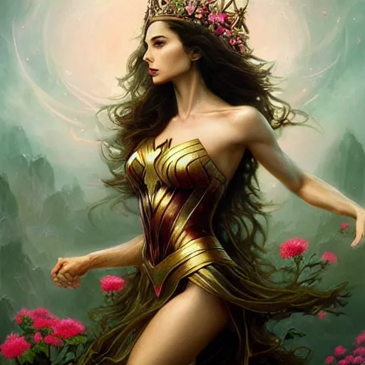 Image similar to fine art photo of the beauty goddess gal gadot, she has a crown of mesmerizing flowers, she is arriving heaven, by peter mohrbacher