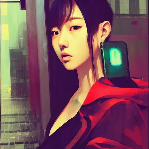 Image similar to a beautiful painting artwork portrait of a kpop icon on a rainy night, cyberpunk, by ilya kuvshinov featured on artstation