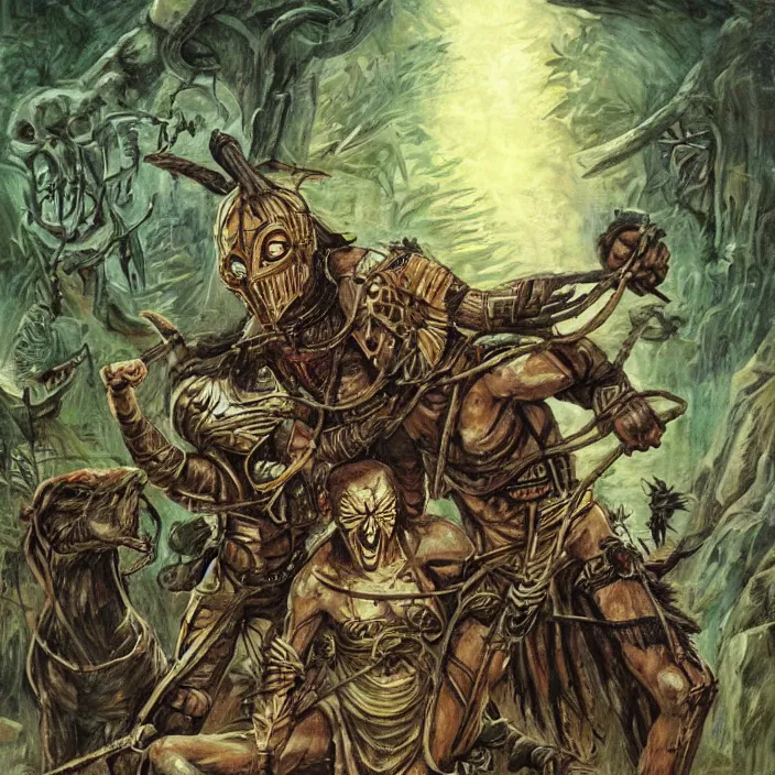 Prompt: The mummy touches the warrior's head , in jungle, old school dungeons and dragons art,