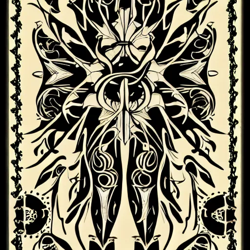 Image similar to a vector tattoo design in the style of victorian florid ornament, and in a spiky tribal style, and in the style of h. r. giger.