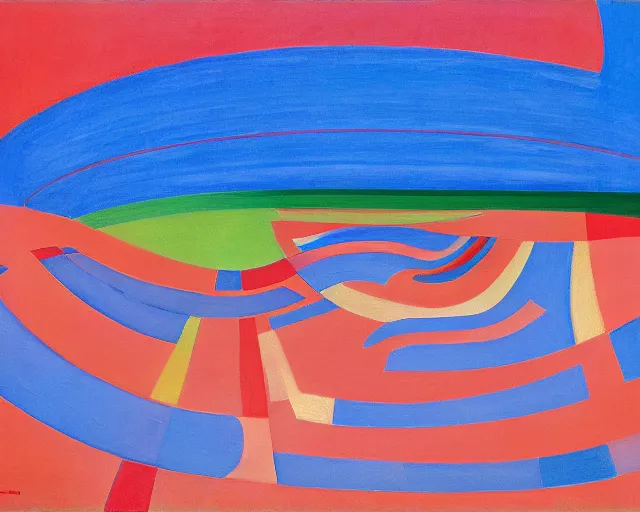 Prompt: A wild, insane, modernist landscape painting. Wild energy patterns rippling in all directions. Curves, organic, zig-zags. Saturated color. Childrens art. Matisse. Wayne Thiebaud.