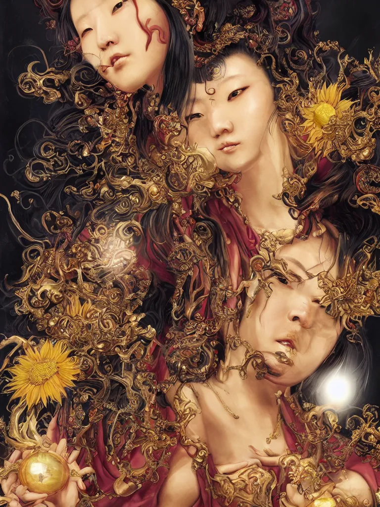 Prompt: Character portrait of the Sunflower Goddess, a Chinese female deity who brings joy and light. Insanely nice professional hair style, dramatic hair color, digital painting of a old 17th century, amber jewels, baroque, ornate clothing, sci-fi, dark smoke background, flames, very realistic, chiaroscuro, art by Franz Hals and Jon Foster and Ayami Kojima and Amano and Karol Bal.