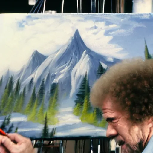 Prompt: a closeup photorealistic photograph of bob ross working on a canvas painting of batman and robin. film still. brightly lit scene. mountains and trees. this 4 k hd image is trending on artstation, featured on behance, well - rendered, extra crisp, features intricate detail, epic composition and the style of unreal engine.