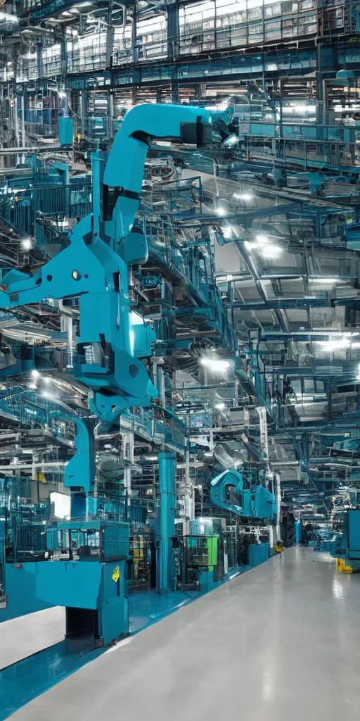 Prompt: factory industrial environment with highly complex machines, conveyors, palletizing robots in dark teal and mageta