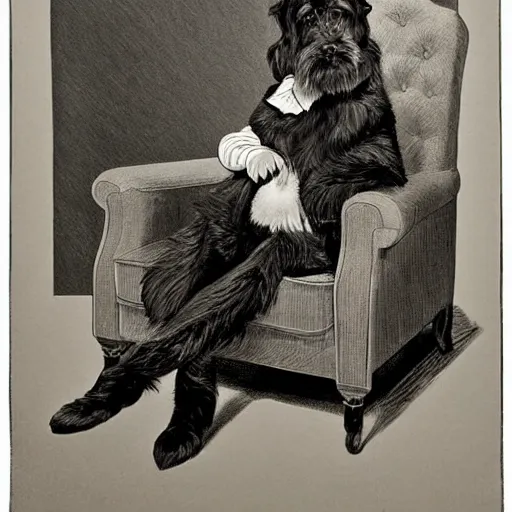 Prompt: a gentleman dog sitting in an armchair, fluid, smooth, high contrast, sharpness, dramatic, very detailed, intricate, by windsor mckay