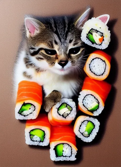 Image similar to clear photorealistic picture of adorable cats made out of sushi