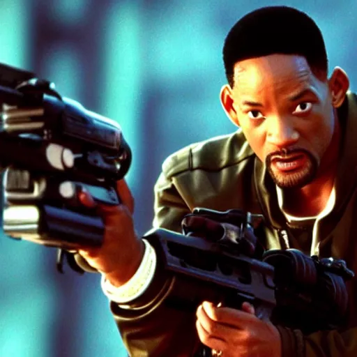 Prompt: film still of Will Smith as Neo in the construct with the gun racks in The Matrix 1999