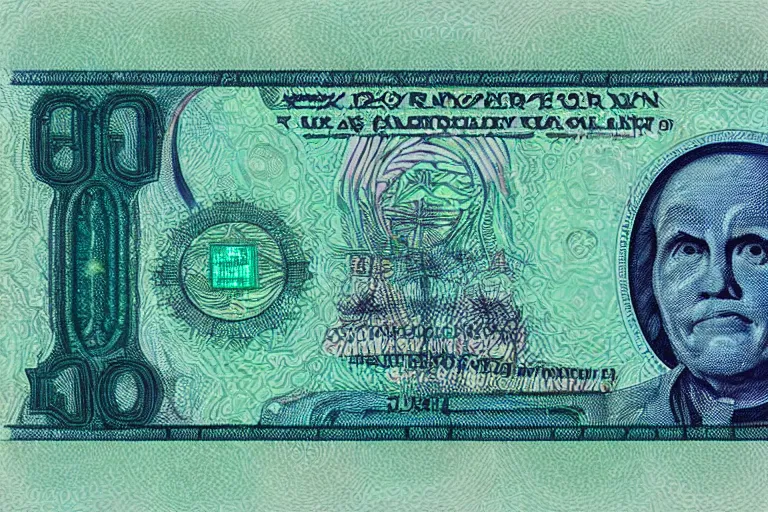 Image similar to currency design like a dollar bill and euro, greenish blue + iridescent, with the design of an alien dignitary printed on currency paper, strange alien currency symbols printed, highly detailed, realistic, octane render