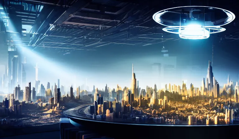 Image similar to large group of people in simple warehouse, looking at hologram of futuristic city on a table, cinematic concept art, godrays, golden hour, natural sunlight, 4 k, clear details, tabletop model buildings, center model buildings, hologram center, crane shot, crane shot, crane shot