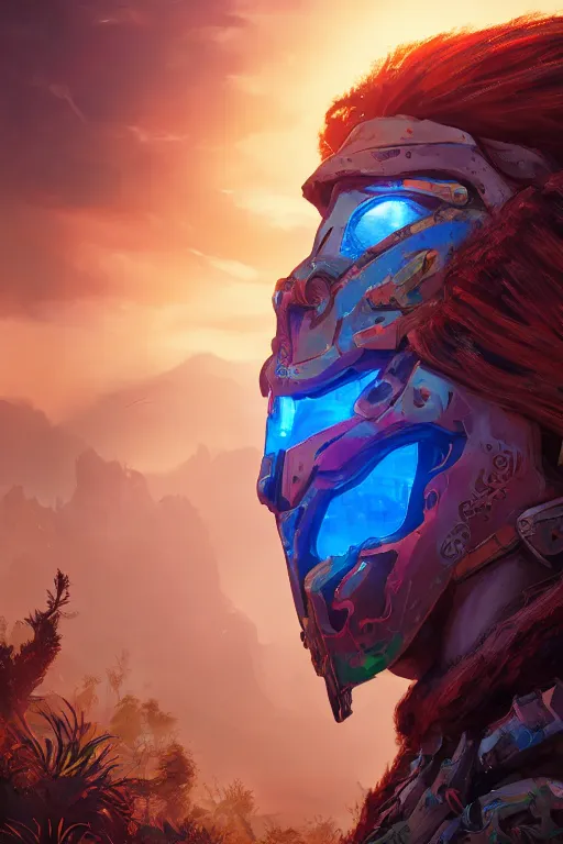 Image similar to combination suit armor aloy horizon forbidden west horizon zero dawn radiating a glowing aura global illumination ray tracing hdr fanart arstation by ian pesty and alena aenami artworks in 4 k tribal robot ninja mask helmet backpack