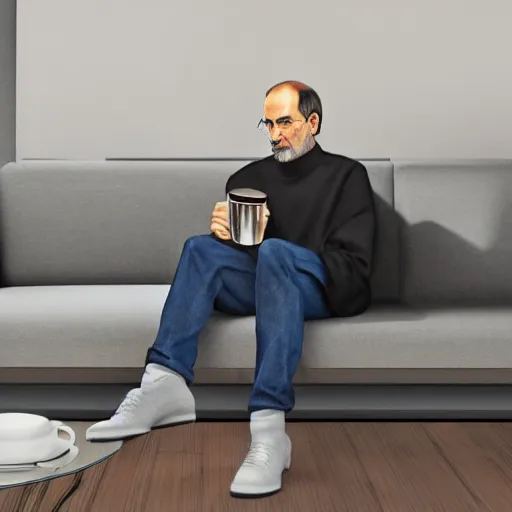 Image similar to A high definition photo of Steve Jobs drinking a cup of coffee on a couch in his living room, hyperdetailed, artstation, digital art, photorealism, accurate, 8k,