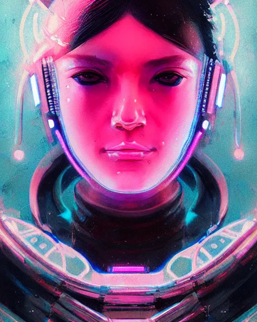 Image similar to detailed portrait cybernetic woman, cyberpunk futuristic neon, reflective puffy coat, decorated with traditional japanese ornaments by ismail inceoglu dragan bibin hans thoma greg rutkowski alexandros pyromallis nekro rene maritte illustrated, perfect face, fine details, realistic shaded, fine - face, pretty face