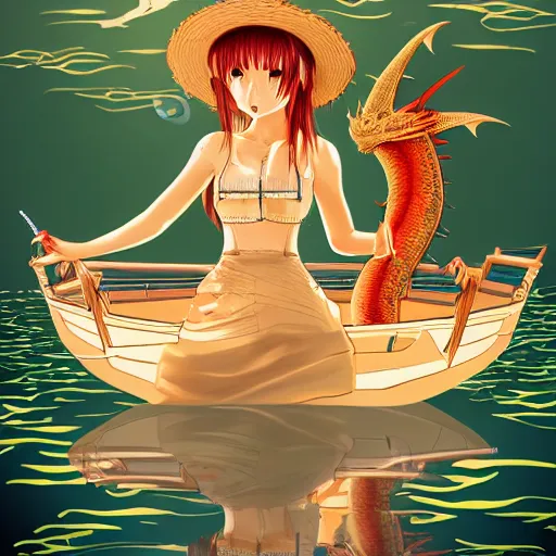 Image similar to manga art girl in straw hat with dragon tatoo with lights traveling around swamp in boat