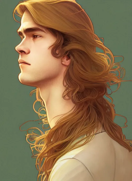 Image similar to pretty young man with shoulder length shiny shimmering golden blond hair, half body shot, path traced, highly detailed, high quality, digital painting, by studio ghibli and alphonse mucha, leesha hannigan, hidari, disney