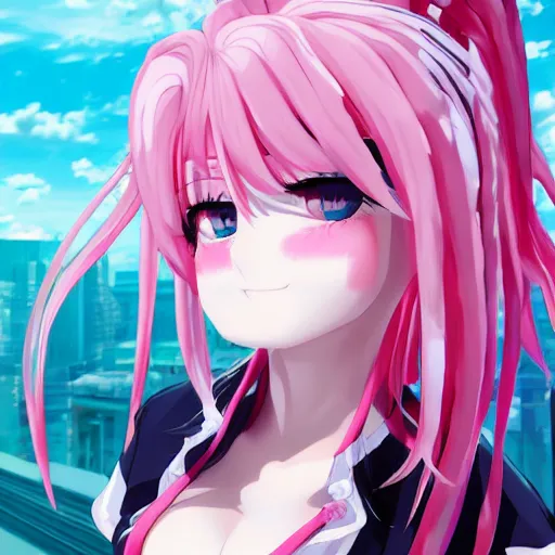 Image similar to unexpectedly trapped beneath stunningly absurdly huge beautiful omnipotent asi goddess junko enoshima with an enigmatic complex twisted deceptive innocent - looking mesmerizing megalomaniacal yandere personality, symmetrical perfect face, porcelain skin, pink twintail hair and cyan eyes, ultra detailed, digital art, unreal engine 5, octane render, 2 d anime, 8 k