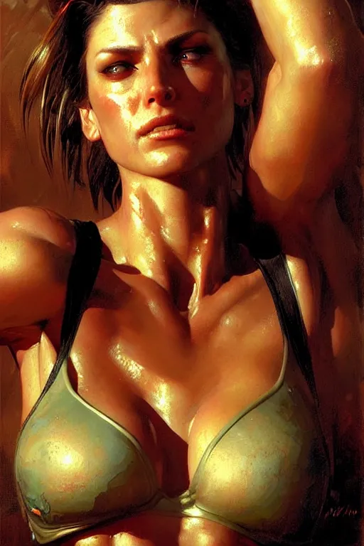 Image similar to muscular sweat jill valentine, covers with mud exhausted face close up, highly detailed painting by gaston bussiere, craig mullins, j. c. leyendecker 8 k