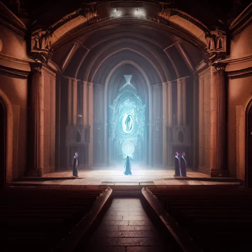 Image similar to center view photography of a group of priest in circle invoking an hyper realistic lovecraft creature portrait in a huge ritual portal in a church, 4 k, fantasy art, glamorous composition, wide - angle shot, cinematography lighting, volumetric fog, vivid colors, realistic, octane render, unreal engine