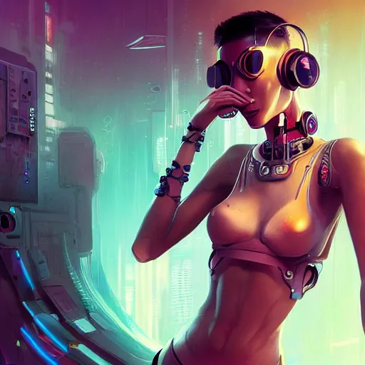 Image similar to portrait of a beautiful cybernetic raver girl wearing a occulus headset, cyberpunk concept art by pete mohrbacher and artgerm and wlop and deathburger and syd mead, digital art, highly detailed, intricate, fantasy, mystical, sharp focus, Trending on Artstation HQ, deviantart, unreal engine 5, 4K UHD image