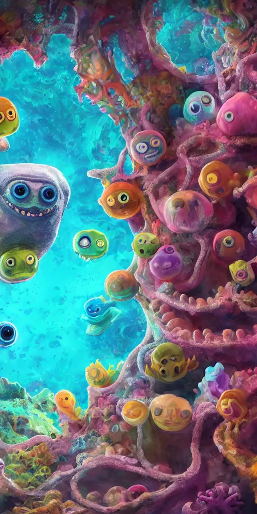 Image similar to of a colorful under water cave with strange cute friendly happy creatures with huge eyes, mouth, long tongue and round teeth appearing from sandy coral, in the style of gehry and gaudi, macro lens, shallow depth of field, ultra detailed, digital painting, trending artstation, concept art, illustration, cinematic lighting, photorealism, epic, octane render