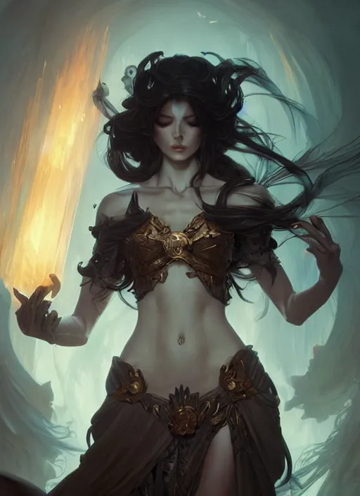Image similar to summoner with a cute death elemental, fantasy, intricate, elegant, highly detailed, digital painting, artstation, concept art, wallpaper, smooth, sharp focus, illustration, art by artgerm and greg rutkowski and alphonse mucha