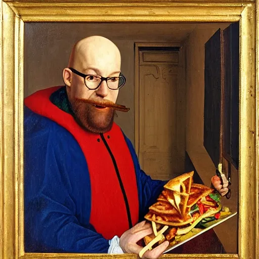 Prompt: jan van eyck style oil painting of slim bald man with glasses and a beard wearing a t - shirt eating a kebab in his flat