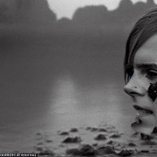 Image similar to film still, close up, emma watson rising out of muddy vietnam river, face covered in mud, low camera angle at water level, night time, film still from apocalypse now ( 1 9 7 9 ), 2 6 mm