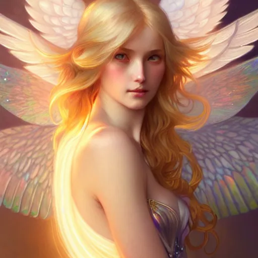 Prompt: Winged girl angel with blonde hair and glowing halo, iridescent, seraphim, fantasy, intricate, elegant, highly detailed, digital painting, artstation, concept art, smooth, sharp focus, illustration, art by Krenz Cushart and Wenqing Yan and alphonse mucha