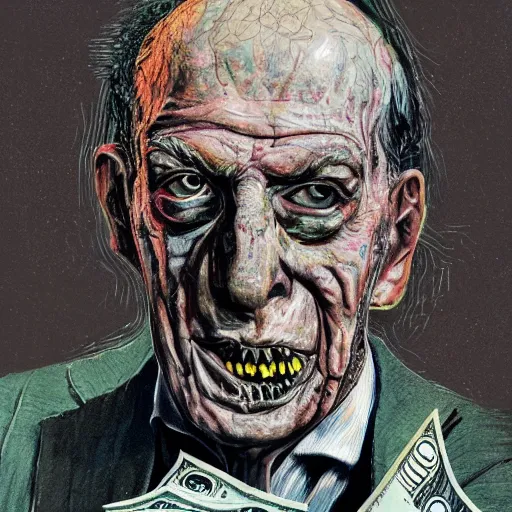 Prompt: Jacob Rothschild full body shot, dollar bills Body horror, biopunk, by Ralph Steadman, Francis Bacon, Hunter S Thompson