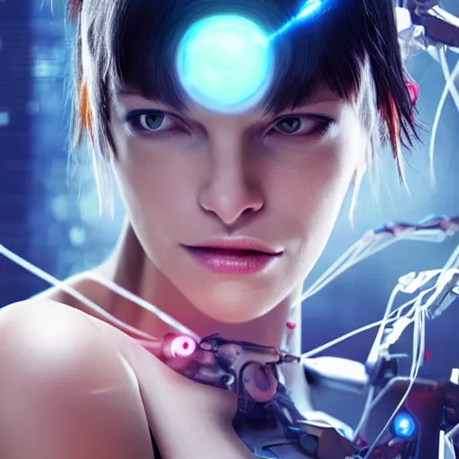 Prompt: Cyborg girl with style of Ghost in the Shell protagonized by Mila Jovovich, human face, robotic body, smooth skin, wires, realistic, VFX, 4k