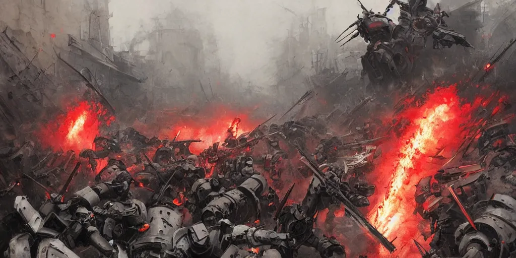 Image similar to demonic samurai robot slaughtering french soldiers and civilians in the interbellum paris, very detailed painting, concept art, intense heavy street battle, pile of bodies, a lot of blood on the streets, art by greg rutkowski and jakub rozalski