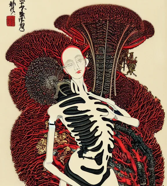 Image similar to still frame from Prometheus, harvest goddess cyborg in crimson filament mycelium, dressed by Neri Oxman and alexander mcqueen, metal couture haute couture editorial by giger by utagawa kuniyoshi