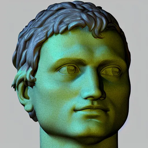 Image similar to a 3 d render of the head of david statue wearing a neon ring around the head, in the style of michelangelo