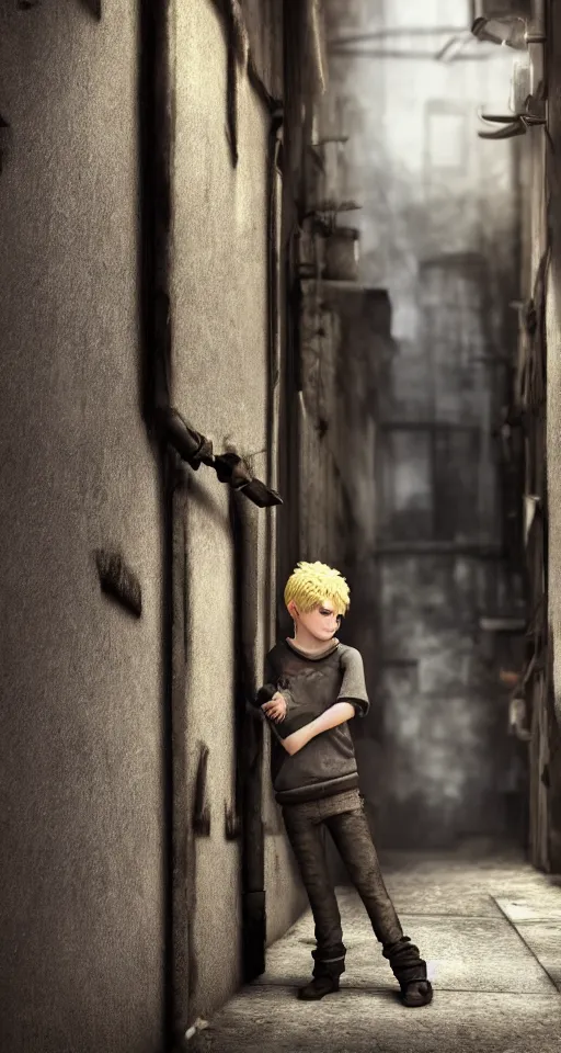 Prompt: A young blonde haired boy wearing thief clothes with daggers in an alleyway, epic fantasy, octane render, high detail, photorealistic, High details,4k