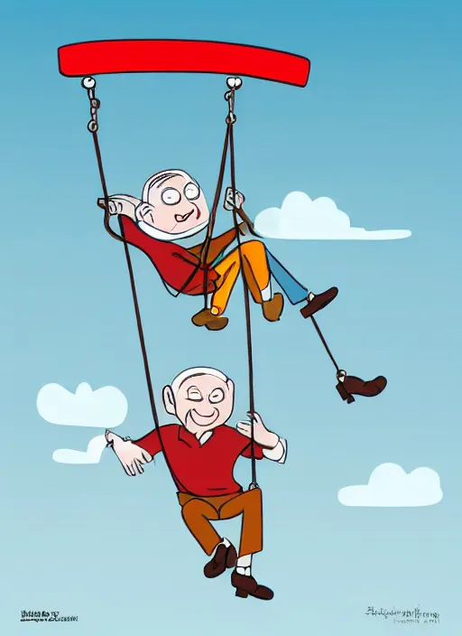 Image similar to an old man on a swing with a plane on top of him, a cartoon by rube goldberg, trending on shutterstock, neoism, poster art, isometric, 2 d