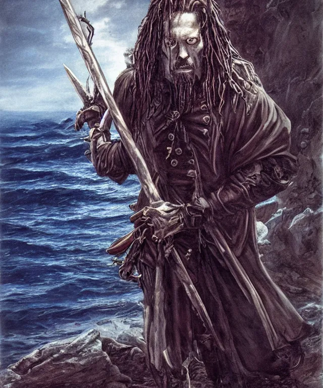 Prompt: ultra realistic color portrait painting of a tranparent 1 7 th century pirate ghost with a sword in a grotto, dark, painted, brooding, atmospheric, seascape, horror, smooth, epic, highly detailed, cinematic, by larry elmore