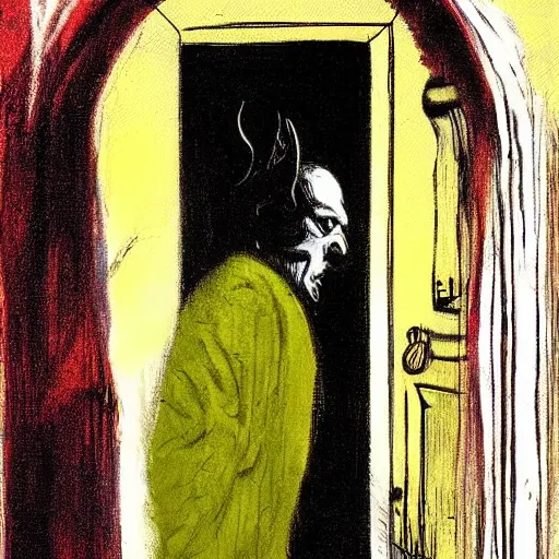 Prompt: there's a devil hiding behind your door, by Francis Bacon, beautiful, eerie, surreal, colorful