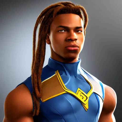 Image similar to a marvel movie style portrait design featuring a young male african american superhero johnny storm with brown dreadlocks hair, blue uniform with the number 4 on the chest in a round logo, full body, hair and arms on fire, cinematic, high detail, no imperfections, extremely symmetric facial features, unreal engine, 8 k, by kevin fiege