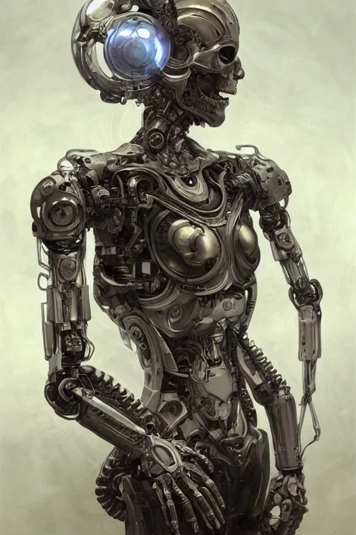 Image similar to Ultra realistic illustration, robot sitting, holding a human skull in it's hands, cyberpunk, sci-fi, fantasy, intricate, elegant, highly detailed, digital painting, artstation, concept art, smooth, sharp focus, illustration, art by artgerm and greg rutkowski and alphonse mucha