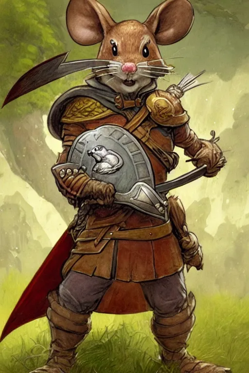 Image similar to a heroic mouse knight with sword and shield, redwall, greg rutowski and jean baptiste monge, detailed, epic fantasy concept art