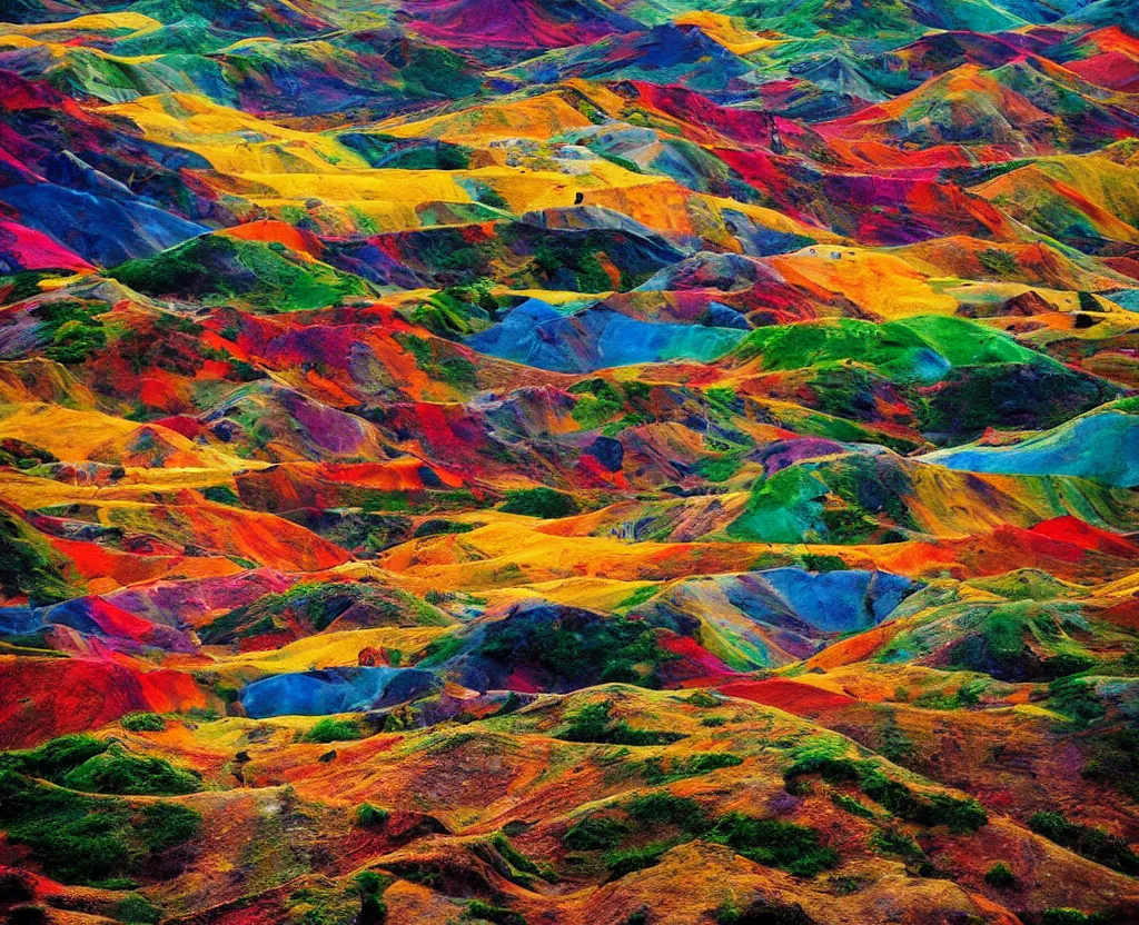 Prompt: a brigth colorful landscape by steve mccurry