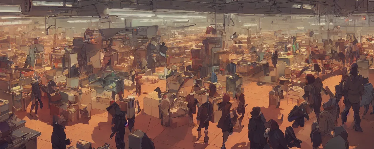 Image similar to inside a crowded dystopian supermarket behance hd artstation by jesper ejsing, by rhads, makoto shinkai and lois van baarle, ilya kuvshinov, ossdraws, that looks like it is from borderlands and by feng zhu and loish and laurie greasley, victo ngai, andreas rocha